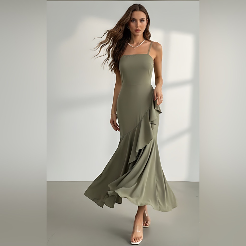 Asymmetrical Hem Ruffle Trim Spaghetti Strap Dress Green - Picture 2 of 14
